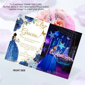 Biglietto di ringraziamento per la Quinceañera con immagine Royal Blue Rose Princess Gold Butterfly Mis Quince Anos Modello modificabile stampabile digitale da scaricare