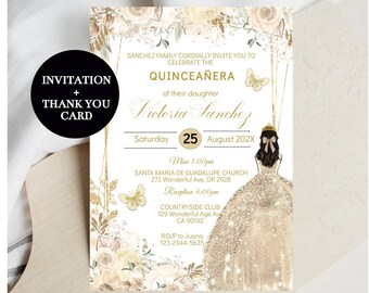 Quinceañera Invitation Champagne Cream Gold Flowers, Modèle modifiable, 15 Princess Birthday, Digital, Butterfly, Sweet Sixteen 16, Télécharger