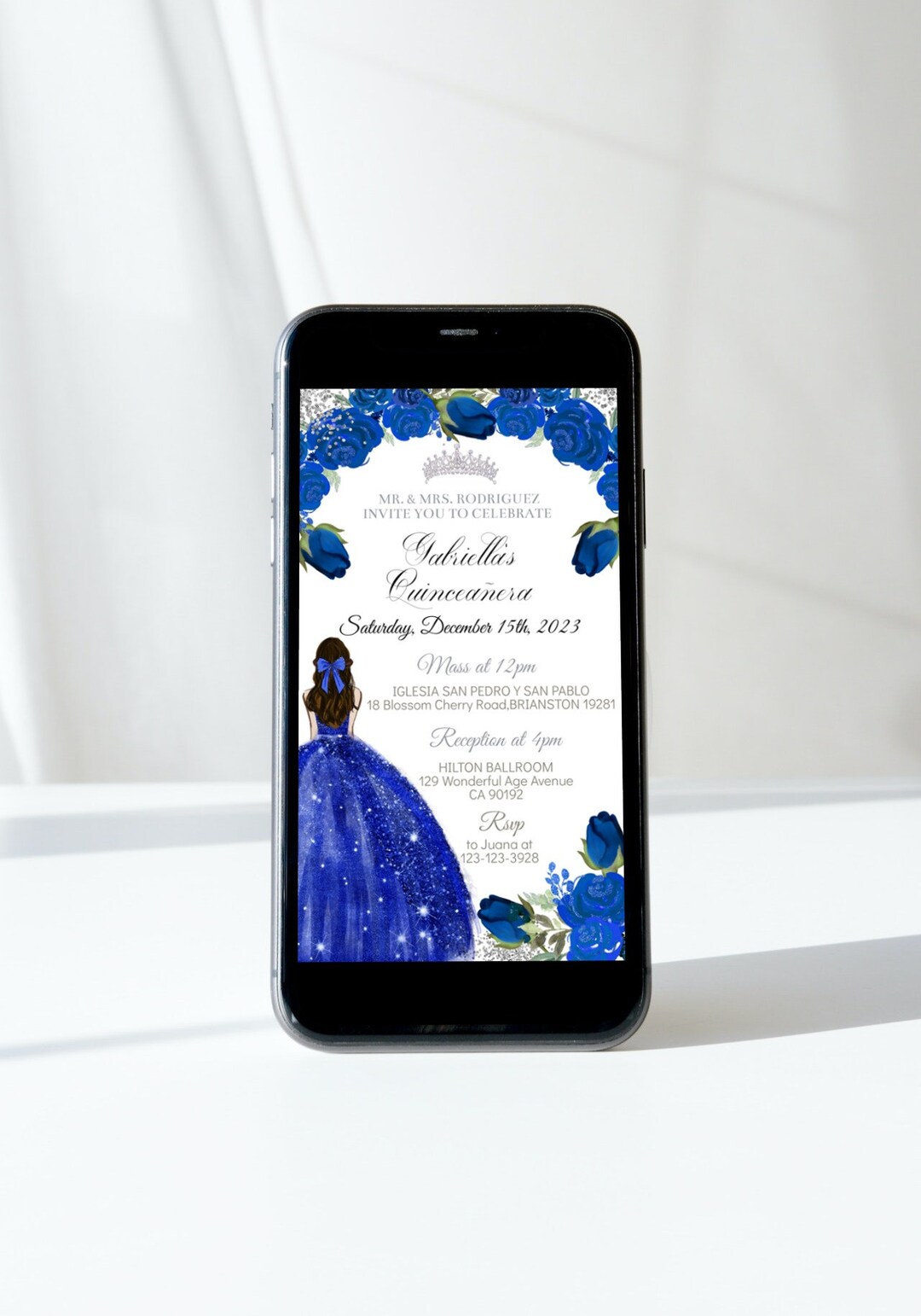 Electronic Quinceañera Digital Invitation, Royal Blue Silver