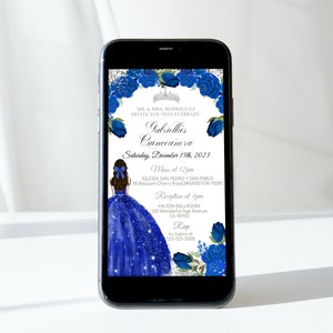 Electronic Quinceañera Digital Invitation, Royal Blue Silver, Sweet 16, Editable Template, Princess XV, Text Message Mobile Phone, Download