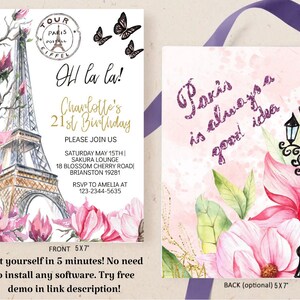 Pu&ograve; includere: Un biglietto d'invito a due facciate a tema parigino. Il fronte presenta la Torre Eiffel, fiori rosa e il testo "Oh la la!" e "Charlotte's 21st Birthday." Il retro dice "Paris is always a good idea" con un design floreale e lampione.