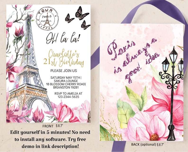 Pu&ograve; includere: Un biglietto d'invito a due facciate a tema parigino. Il fronte presenta la Torre Eiffel, fiori rosa e il testo "Oh la la!" e "Charlotte's 21st Birthday." Il retro dice "Paris is always a good idea" con un design floreale e lampione.