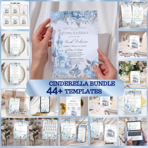 Può includere: Un pacchetto di inviti per Quinceañera a tema Cenerentola con oltre 44 modelli. L'invito presenta un castello blu e argento con una scarpetta di vetro, fiori e uccelli. Il testo sull'invito recita: "Las invitamos cordialmente a la QUINCEAÑERA de nuestra hija Sarah Delarost Sábado Marzo 12 20XX Mia 12:00pm IGLESIA SAN PEDRO 16 Blossom Cherry Road BRIANSTON 19281 Recepción 4:00pm MID-OCEAN COUNTRY CLUB 11th Avenue"