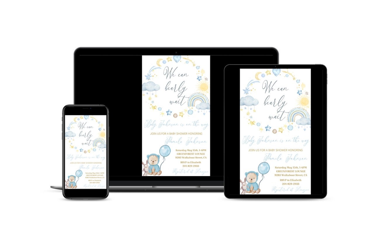 Editable Electronic Baby Shower Invitation Blue Boho Teddy Etsy