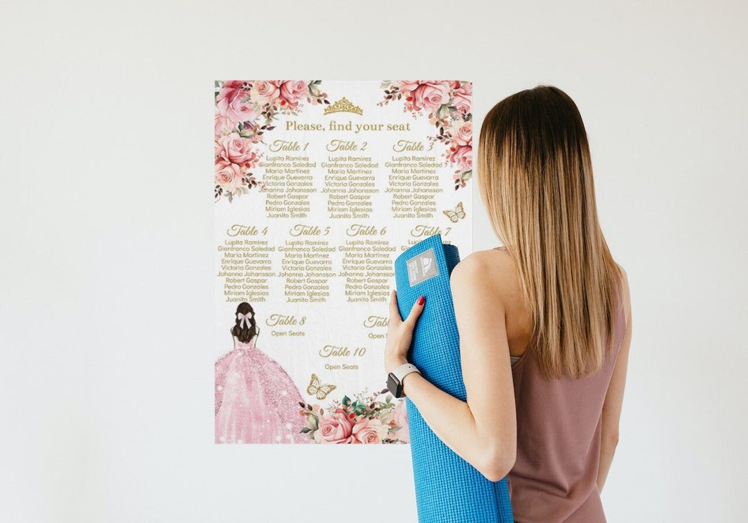 Seating Chart Quinceañera, Pink Gold Floral, DIY EDITABLE Template XV