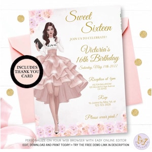 Editable 16th, 21st Birthday Invitation Modern Girl Plantilla imprimible, Princess Blush Pink Gold Sweet Sixteen Party Digital Invite Descargar