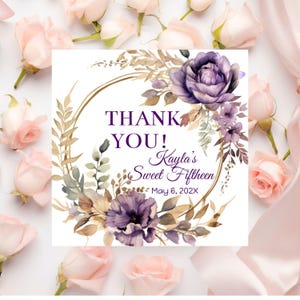 Afdrukbare cadeaukaartje mauve gouden bloemen, bewerkbare sjabloon, digitale bedankkaart, gunstkaartje Sweet 16 verjaardag, Mis XV-kaart, 18e, 21e feest