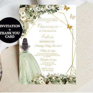 Quinceañera Invitation, Sage Green Gold Floral, DIY Editable Template, 15 Birthday Digital, Princess Butterfly, Mis XV Quince Años, Download