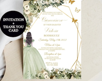 May include: A gold geometric frame with green and white floral accents surrounds a Quinceañera invitation for Victoria Rodriguez. The invitation includes the date, time, and location of the Mass and reception. The text reads "The Rodriguez Family invite you to celebrate the Quinceañera of their daughter Victoria Rodriguez. Saturday, May 15th 2022. Mass at 12pm. Iglesia San Pedro y San Pablo. 18 Blossom Cherry Road, Brianston 19281, at 12:00PM. Reception at 4pm. Hilton Ballroom. 129 Wonderful Age Avenue. CA 90192. RSVP to Juana. 123-123-3928."