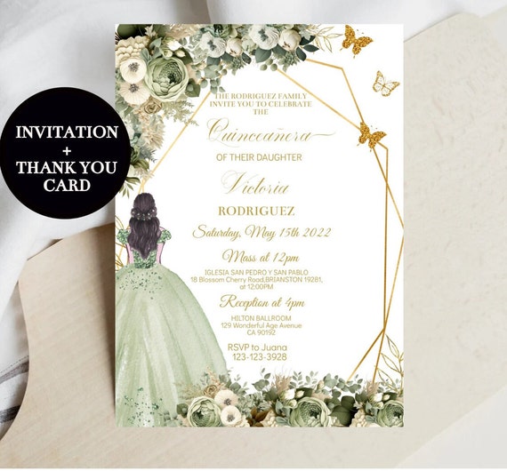 Gold and Sage Green Quince DIY Scroll Invitations