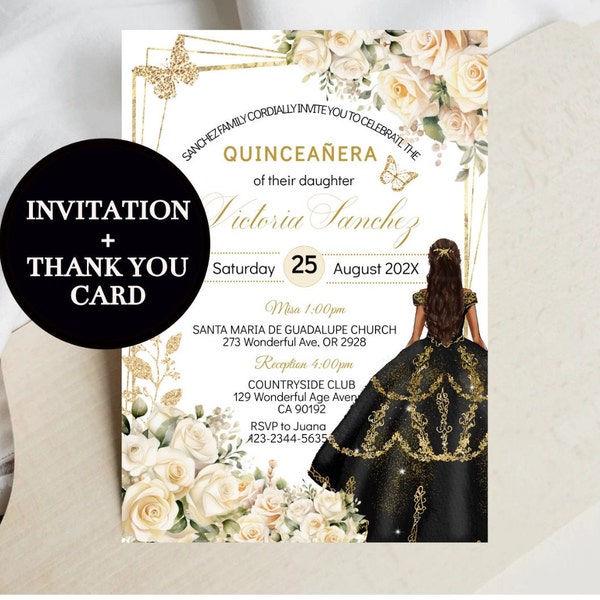 Quinceañera Invitation Black Cream Ivory Gold, Princess Dress, Editable Template Mis XV Quince, Sweet Sixteen 16, 15 Digital Invite Download