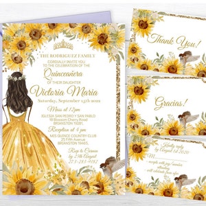 Set Quinceañera Sunflower, DIY Editable Invitation Mis Quince XV, Sweet Sixteen 15 16 Digital Printable Invite Yellow Gold, Instant Download