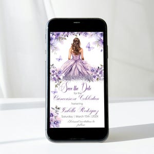 Plantilla electrónica para guardar la fecha de quinceañera, plantilla editable DIY para dulces 16 con flores moradas, mensaje de texto para celular, Mis XV, descarga de cumpleaños número 15