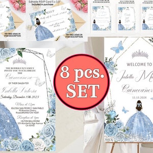 Set invito Quinceañera azzurro argento, principessa Tiara Card ragazza 15° compleanno, dolce 16 digitale stampabile, modello modificabile Scarica