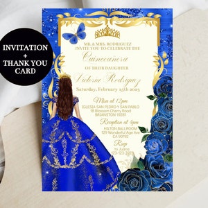 Royal Blue Charro Quinceañera Invitation Editable Template Mis XV Quince Años , Sweet 16 Printable Invite Butterfly Tiara Blue Gold Download