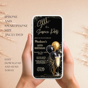 Invitación electrónica "Shhh, es una sorpresa" para el 50.º cumpleaños, invitación digital para fiesta en negro y dorado, plantilla editable, mensaje de texto para móvil, tarjeta electrónica