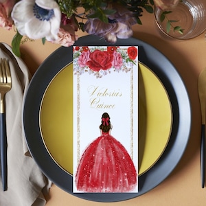Quinceañera Event Program Template, Red Gold Floral Butterfly Mis XV Quince Editable Digital Bar Menu, Sweet 16 Order of Events, Download