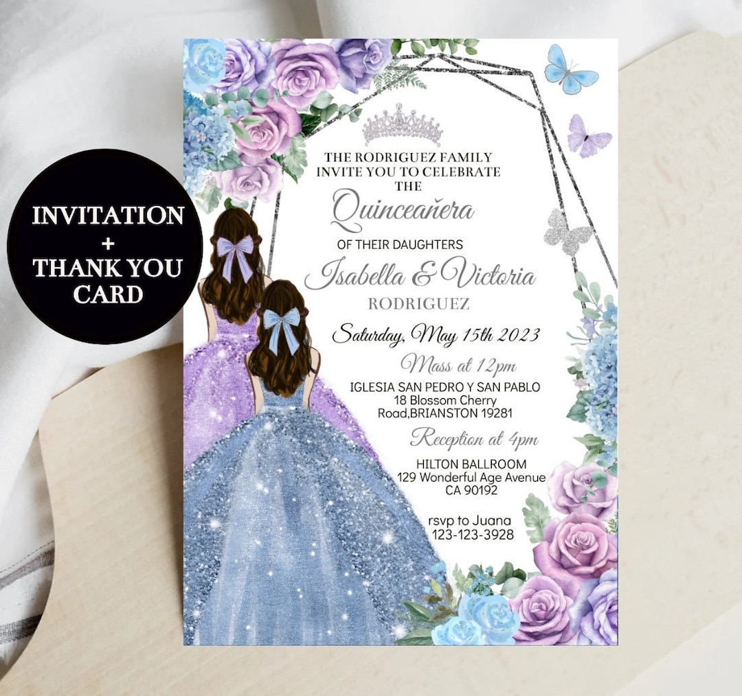 Twins Quinceañera Invitation, Sweet 16 Princess Mis XV, DIY Editable