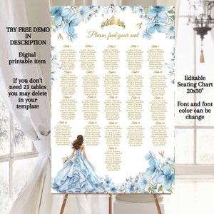 Bewerkbare stoelentabel Quinceañera, Sweet 16, babyblauwe bloemen, Crown Mis XV gastposter, vind je stoel, bord tafels, digitaal, download