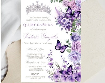 Butterfly Quinceañera Invitation Editable Template, Purple Silver Floral Crown, Mauve Mis XV, Sweet 16, 15th Birthday Digital Card, Download