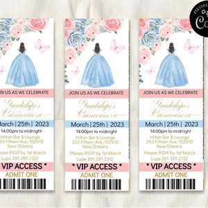 Quinceañera VIP Ticket Pass Einladung, Blau Rosa Rose Prinzessin Schmetterling Mis XV Party DIY Bearbeitbare Vorlage, GeburtstagSeinladung Download