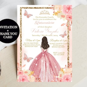 Quinceañera Invitation Rose Gold Princesse, Papillon, DIY Modèle modifiable Mis XV, 15ème Quince Party, Sweet 16, Imprimable, Téléchargement instantané