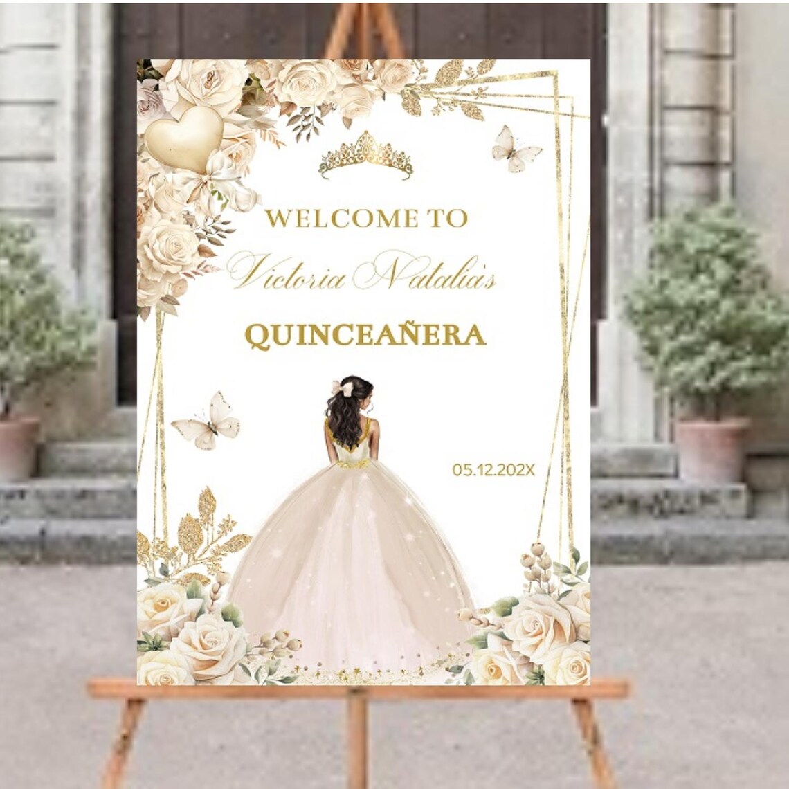 Quince Tree Sign Quinceañera Welcome Sign, Mis Quince Xv Crown Champagne Cream Floral ...