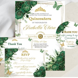 Invitation élégante de quinceañera vert émeraude floral bricolage modèle modifiable Mis XV coing diadème or papillon Sweet 16 RSVP numérique, téléchargement