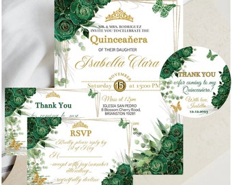 Elegant Quinceañera Invitation Emerald Green Floral DIY Editable Template Mis XV Quince Tiara Gold Butterfly Sweet 16 RSVP Digital, Download