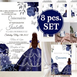 Set Quinceañera Invitation Navy Blue Rose Silver, Princess Butterfly, Girl 15th Birthday Quince, Digital Invites, Editable Template Download