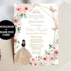 Quinceañera Invitation Champagne Princess Rose Gold Floral, Birthday Digital Invite, Mis XV Quince, Sweet 16, DIY Editable Template Download