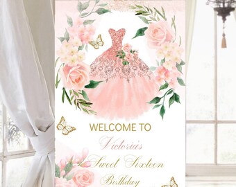 Blush Pink Floral Quinceañera Welcome Sign, DIY Template (Digital Download)