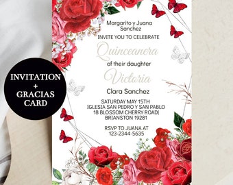 May include: A Quinceanera invitation card with a floral design featuring red and pink roses, white flowers, and butterflies. The text on the card reads "Margarito y Juana Sanchez Invite You To Celebrate Quinceanera of their daughter Victoria Clara Sanchez Saturday May 15th Iglesia San Pedro y San Pablo 18 Blossom Cherry Road Brianston 19281 RSVP to Juana at 123-2344-5635".