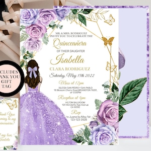 Quinceañera Invitation Purple Gold Rose Princess with Butterfly Party Editable Template Mis Quince Años Invitaciones Digital Birthday Invite
