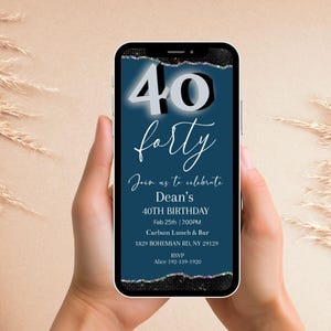 Navy Blue 40th Birthday Party Invitation, Men Forty Digital Invite, Electronic Evite, DIY Editable Template, Mobile Phone Text, Download