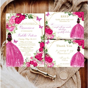 5 Items Fuchsia Pink Floral Quinceañera Invitation, Editable Template Mis XV Quince Años Fiesta, Princess 15th Sweet 16 Printable, Download