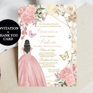 Quinceañera Uitnodiging Roze Goud, DIY Bewerkbare Sjabloon, Vlinder Prinses Digitale Uitnodiging Mis XV Quince Años , 15e meisje, Sweet 16 Download