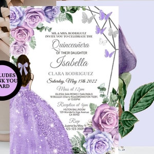Może przedstawiać: Fioletowe i srebrne zaproszenie na Quinceañera z kwiatowym wzorem i motylami. Zaproszenie zawiera tekst "MR. & MRS. RODRIGUEZ INVITE YOU TO CELEBRATE THE Quinceañera OF THEIR DAUGHTER Isabella CLARA RODRIGUEZ Saturday, May 15th 2022 Mass at 12pm IGLESIA SAN PEDRO Y SAN PABLO 18 Blossom Cherry Road, BRIANSTON 19281, at 12:00PM Reception at 4pm HILTON BALLROOM 129 Wonderful Age Avenue CA 90192 Rsup Juana by May 1 123-123-3928"