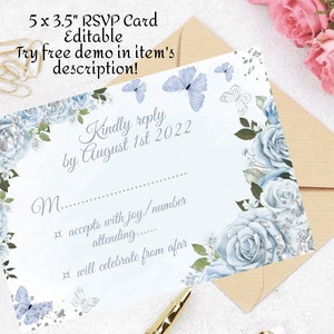 Farfalle floreali argento azzurro, Quinceañera RSVP Card Mis Quince Años Birthday Reply DIY Modello modificabile stampabile, download istantaneo