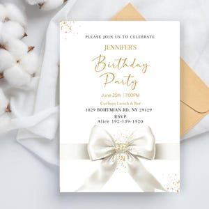 Schicke Creme-Weiße Schleife-Geburtstags-Einladungsvorlage, Bearbeitbare minimalistische Bday-Einladung, jedes Alter Kokette Band 30er 40er 50er Party, Digital