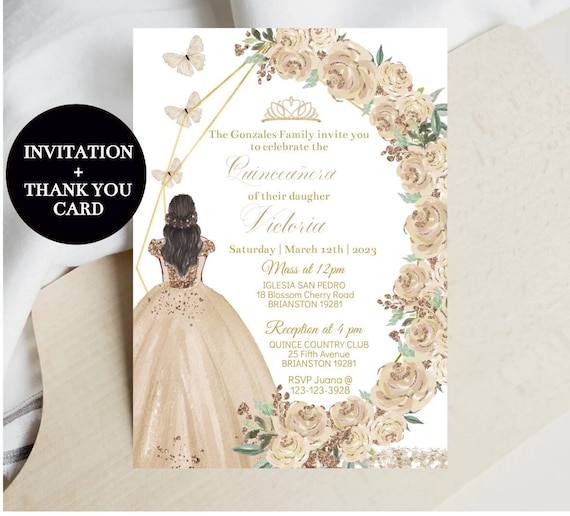 DIY Quinceañera Invitation, Champagne Beige Princess Floral, Birthday  Digital Invite, Mis XV Quince, Sweet 16, Editable Template Download -   Israel