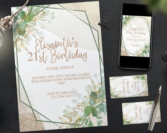 Invito moderno per il 21° compleanno, stampabile botanico verde, modello modificabile fai da te, invito per festa di compleanno donna verde oro, qualsiasi età, scaricabile