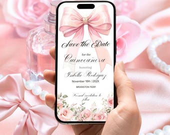Quinceañera Save the Date Modern Chic Pink Bow Digital Invitation, Coquette Mis XV Electronic Evite, Editable Template, Mobile Text Message