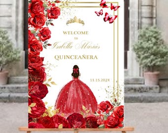 Welcome Sign Quinceañera, Red Gold Floral, XV Butterfly Digital Poster, Entrance Signage, Sweet 16, DIY Editable Template Printable Download