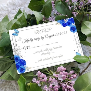 Royal Blue Silver Floral Butterflies, Quinceañera RSVP-kaart Mis Quince Años Verjaardag Antwoord DIY bewerkbare sjabloon Afdrukbaar, Instant Download