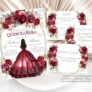 Uitnodiging quinceañera bordeauxroze bloemen, DIY afdrukbare bewerkbare kaart, 15 verjaardagssjabloon uitnodigen, vlinder Sweet 16 Girl XV download