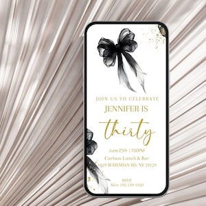 Chic Black Bow-Geburtstagseinladung, bearbeitbare Vorlage, minimalistischer Handy-Text einladen, Kokette schwarzes Band 30.40.50.Geburtstagsfeier