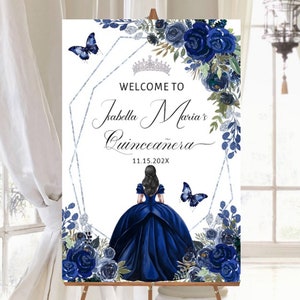Cartello di benvenuto modificabile, Quinceañera Navy Blue Silver Floral, Princess Tiara, Butterfly Mis XV, Guest Poster, DIY Template Printable, Download