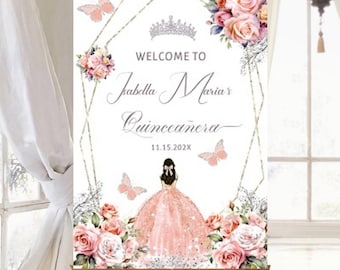 Welcome Sign Quinceañera or Sweet 16, Princess Blush Pink Silver, Tiara, Butterfly , Guest Poster, DIY Editable Template Printable, Download