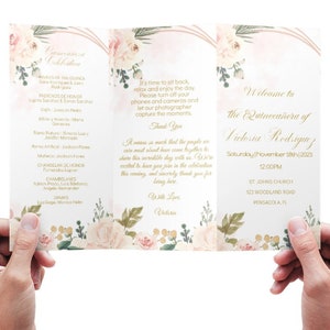 Editable Trifold Event Program Digital Template Blush Pink Floral Order of Events Quinceañera Birthday Party, Bar Menu Mis XV Años, Download